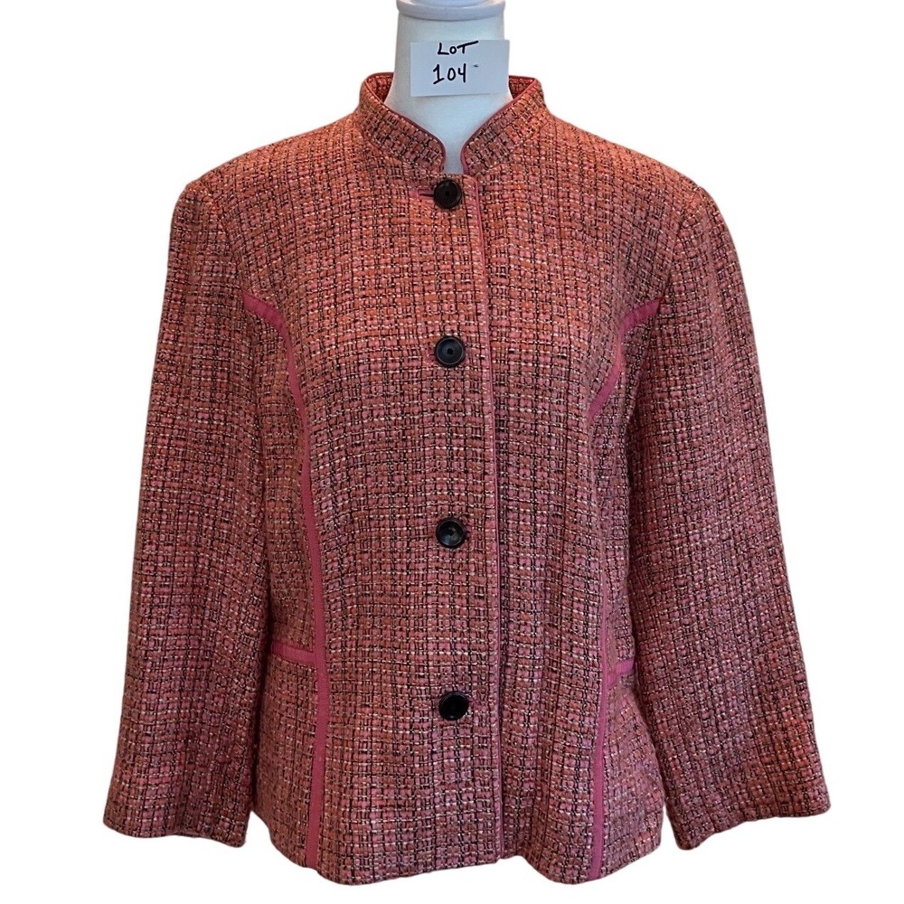 Sigrid Olsen Coral Pink Tweed Mandarin Collar Blazer Jacket‎ Womens Size 12
